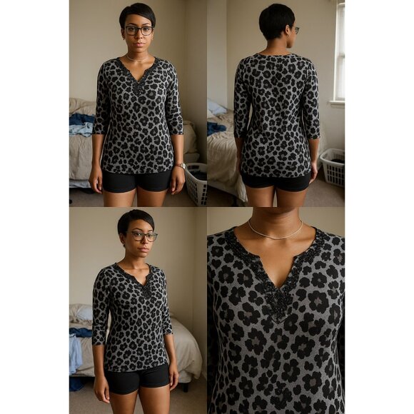 Charter Club Leopard Print Tunic Top L Black Gray Beaded Neck 3/4 Sleeve - Picture 1 of 5
